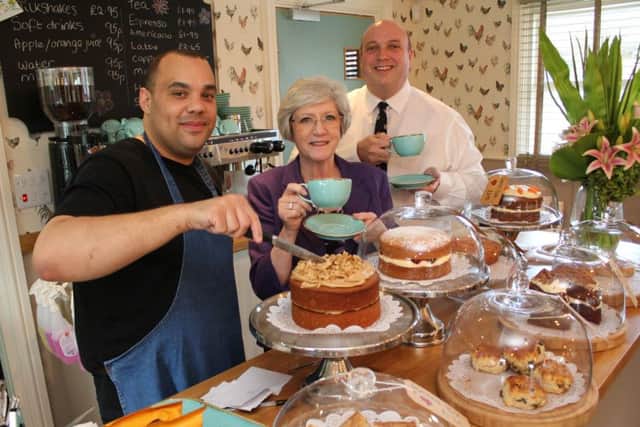 Manager Luke Thomas with the Executive Mayor, Coun Kate Allsop, and also Coun Andrew Tristram at the opening of Titchfield Teahouse.