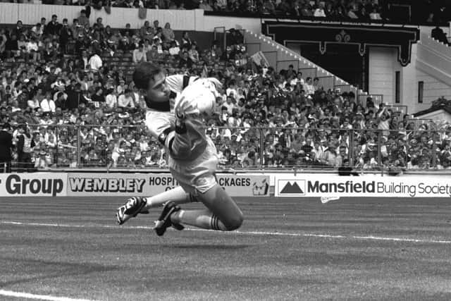 Kevin Hitchcock dives to make a save during the 120 minutes of the 1987 Freight Rover Trophy final.