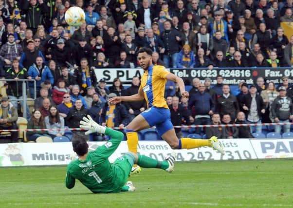 Mansfield Town v Portsmouth.
Matt Green looks on as his chipped shot goes over the bar.