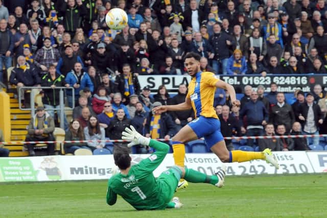 Mansfield Town v Portsmouth.Matt Green looks on as his chipped shot goes over the bar.