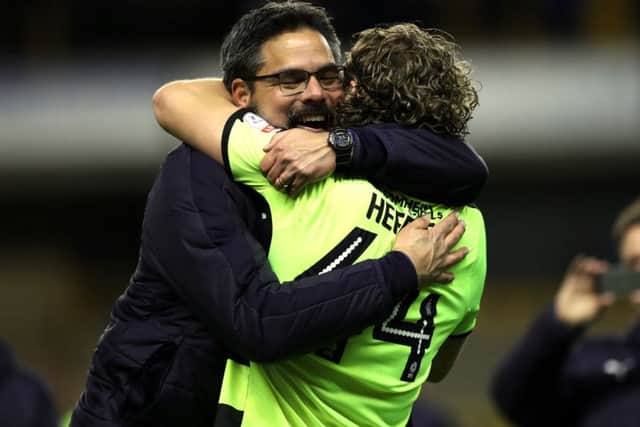 David Wagner celebrates his sides place in the Championship play-off's with Micahel Heffe.Wolverhampton Wanderers v Huddersfield Town.  SkyBet Championship.  Molineux Stadium.25 April 2017.  Picture Bruce Rollinson
