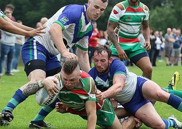 Peter Aldread goes over for one of four tries he scored in Sherwood Wolf Hunts win over Nottingham Outlaws. (PHOTO BY: Richard Parkes)