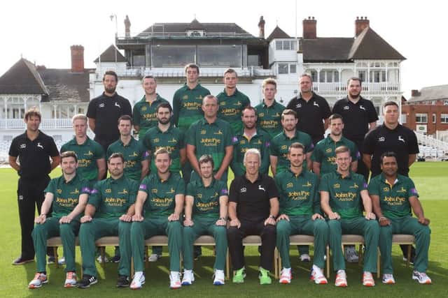 Nottinghamshire Outlaws line up in front of the Trent Bridge pavilion for the 2017 season. (PHOTO BY: Mark Fear).
