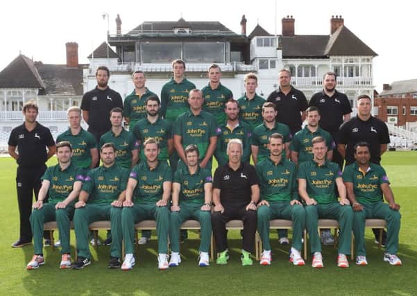 Nottinghamshire Outlaws line up in front of the Trent Bridge pavilion for the 2017 season. (PHOTO BY: Mark Fear).