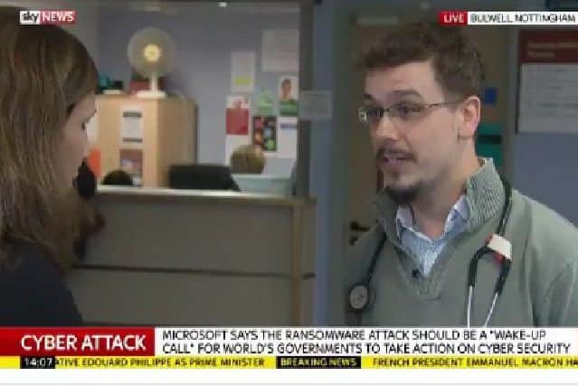 Dr Andrew Foster, of the Parkside Medical Practise, tells a reporter about the chaos caused following Friday's NHS cyber attack.