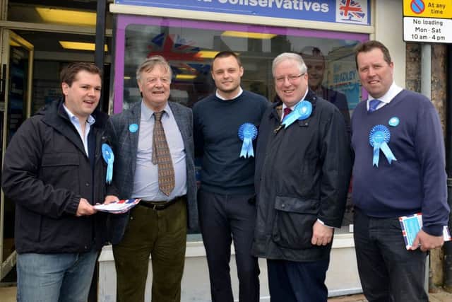 Launch of Conservative campaign shop in Mansfield town centre, pictured is Ben Bradley the Conservative candidate in Mansfield with from left Robert Jenrick MP, Ken Clarke MP,  Conservative Party Chairman Patrick McLoughlin and Mark Spencer MP