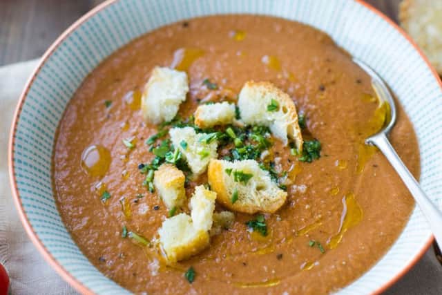 Watercress gazpacho with Manchego croutes.