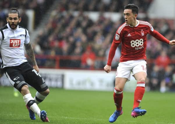 IN PICTURE: Zach Clough.
SPORT: LEAD: Nottingham Forest v Derby County.  Sky Bet Championship match at the City Ground, Nottingham.  Saturday, 18th March 2017.
MARK FEAR - MARK FEAR PHOTOGRAPHY.  CONTACT markfearphotographer@outlook.com (+44) 753 977 3354
