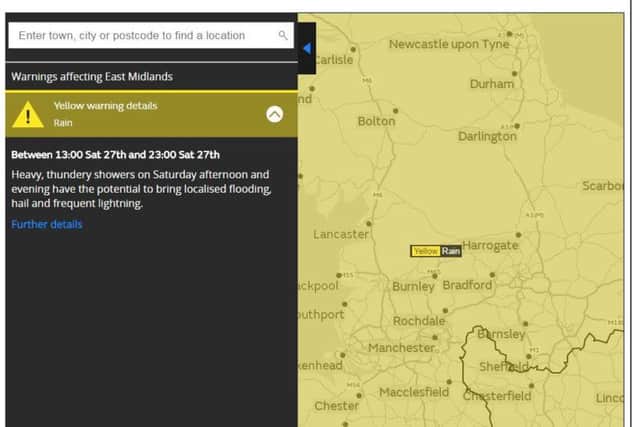 The weather warning is in force from 1pm to 11pm tomorrow. Photo - www.metoffice.gov.uk.