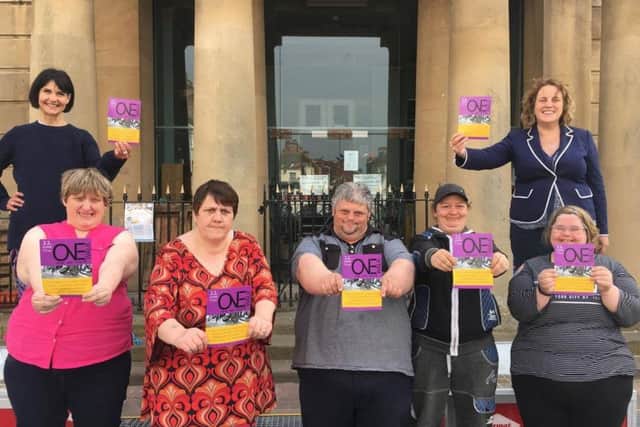 Tracy Radford (left) and Karen Aspley promoting One Walk with five Mansfield ladies who have learning disabilities.