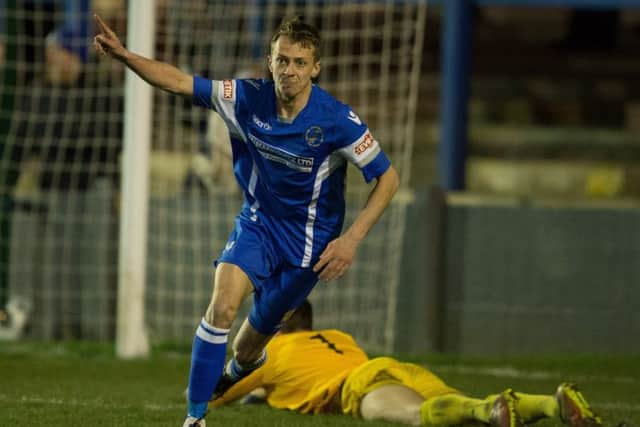 Buxton vs Ilkeston - Brad Grayson celebrates his goal - Pic By James Williamson