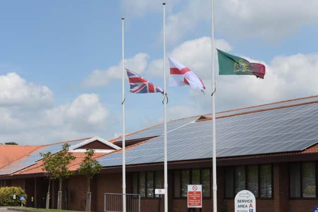 Flags flying at half mast over Mansfield Civic Centre after last month's terror attack in Manchester.