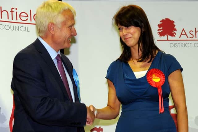 Ashfield's re-elected MP, Gloria de Piero is congratulated on her victory by Conservative's Tony Harper.