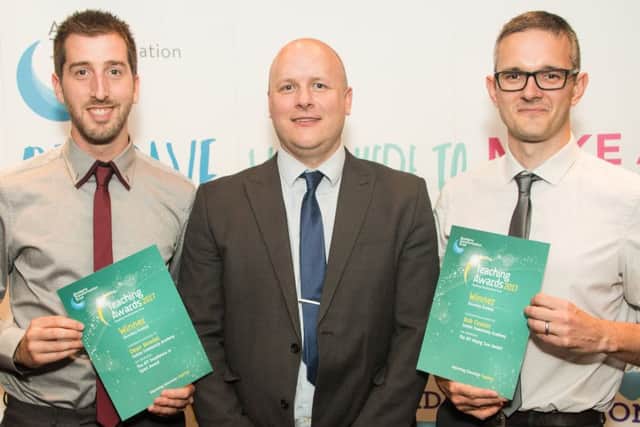 Two of the winning teachers, Dean Bowler (left) and Rob Cruxon (right), with academy principal Tim Croft. (PHOTO BY: Gary Williams)