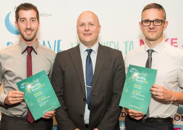 Two of the winning teachers, Dean Bowler (left) and Rob Cruxon (right), with academy principal Tim Croft. (PHOTO BY: Gary Williams)
