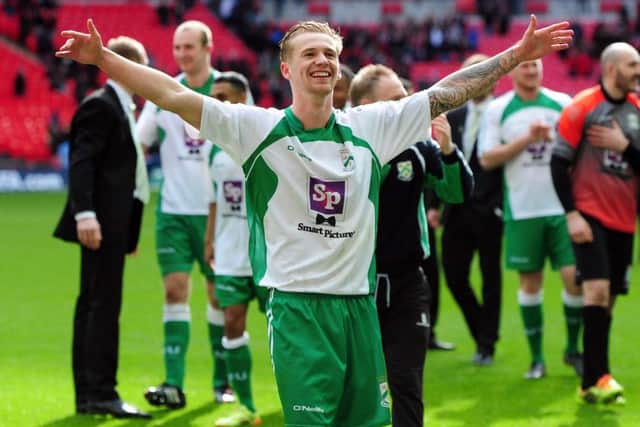 FA Trophy Final at Wembley Stadium.North Ferriby United v Wrexham.Ferriby's Sam Topliss celebrates at the end.29th March 2015.Picture Jonathan Gawthorpe.