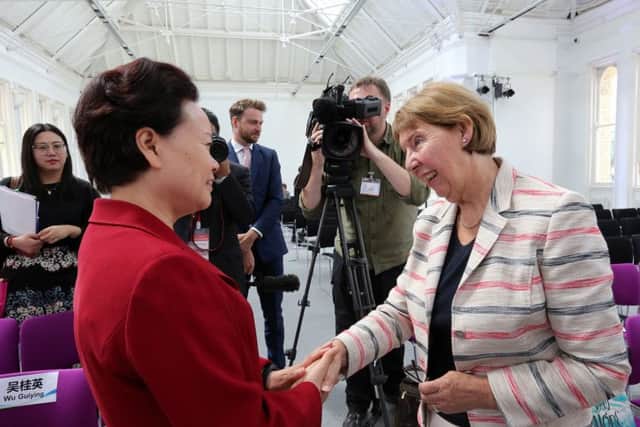 Coun Kay Cutts meets Madam Wu Guiying who led the Zhejiang business delegation to Nottingham. Picture: Andrew Hallsworth