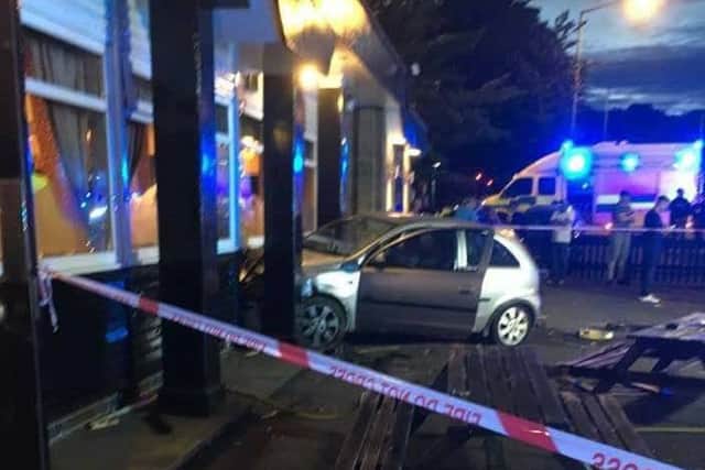 A car smashed intot he Staff of Life pub at Sutton on Sunday July 2.