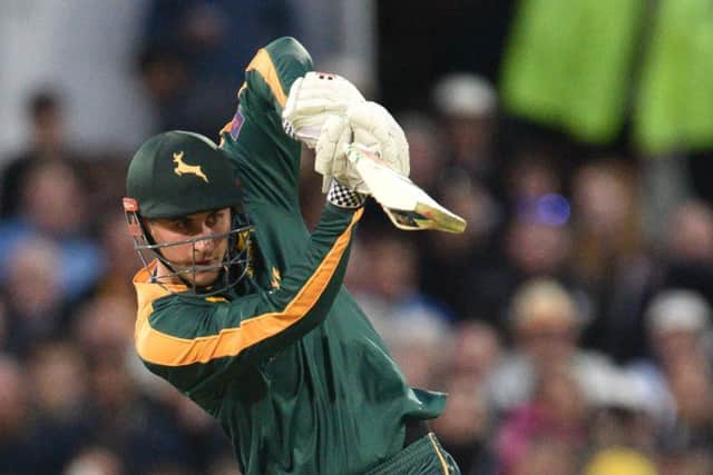 Alex Hales punches straight down the ground during the NatWest T20 Blast match between the Outlaws and the Bears at Trent Bridge, Nottingham on 15 May 2015.  Photo: Simon Trafford