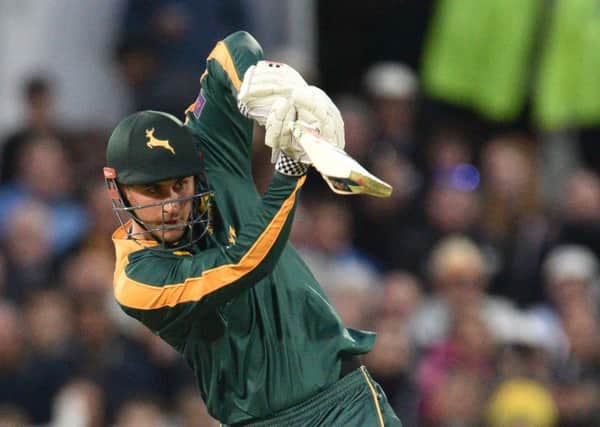 Alex Hales punches straight down the ground during the NatWest T20 Blast match between the Outlaws and the Bears at Trent Bridge, Nottingham on 15 May 2015.  Photo: Simon Trafford