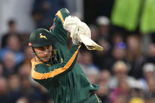 Alex Hales punches straight down the ground during the NatWest T20 Blast match between the Outlaws and the Bears at Trent Bridge, Nottingham on 15 May 2015.  Photo: Simon Trafford