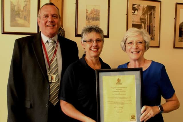 Kath, centre, with Councillor Bill Drewerr and Kate Allsop, Mansfield mayor.