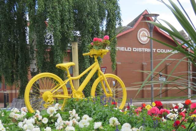 Yellow bikes decorate the Council offices in Kirkby.