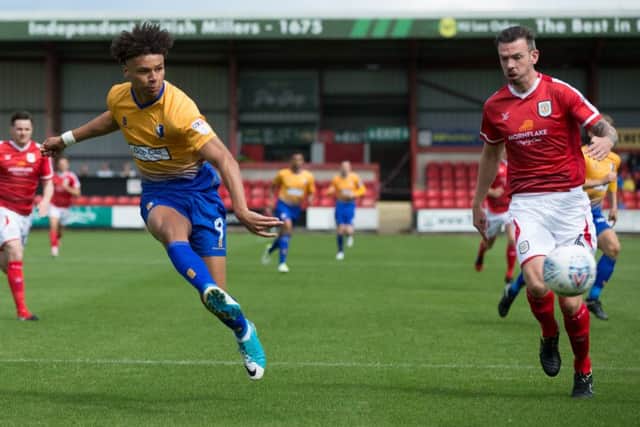 Crewe Alexandra vs Mansfield Town - Lee Angol of Mansfield Town has a shot on goal - Pic By James Williamson
