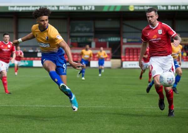 Crewe Alexandra vs Mansfield Town - Lee Angol of Mansfield Town has a shot on goal - Pic By James Williamson