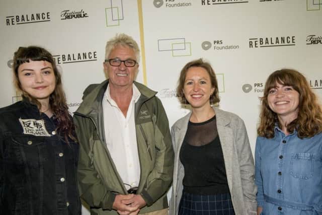 Melvin Benn launching his ReBalance plans with Lande Hekt from punk rock band Muncie Girls, PRS Foundation chief executive Vanessa Reed and Lucy Wood, also from Festival Republic.