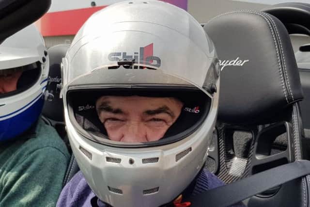 Intrepid Taff about to head on to the track at Silverstone in a Porsche Spyder.