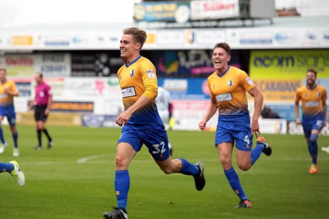 Danny Rose puts the home side ahead during Mansfield Town v Forest Green, United Kingdom, 12 August 2017. Photo by Glenn Ashley.