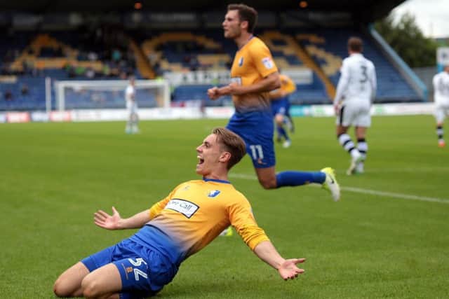 Danny Rose puts the home side ahead during Mansfield Town v Forest Green, United Kingdom, 12 August 2017. Photo by Glenn Ashley.