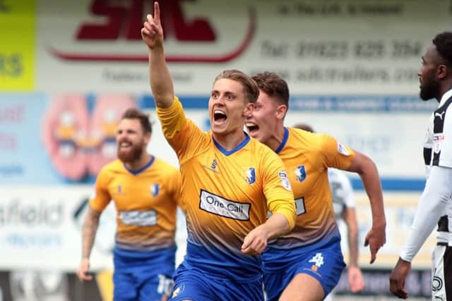 Danny Rose puts the home side ahead during Mansfield Town v Forest Green, United Kingdom, 12 August 2017. Photo by Glenn Ashley.