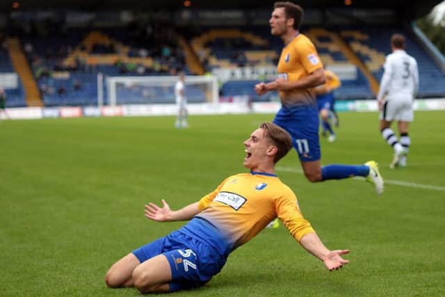 Danny Rose puts the home side ahead during Mansfield Town v Forest Green, United Kingdom, 12 August 2017. Photo by Glenn Ashley.