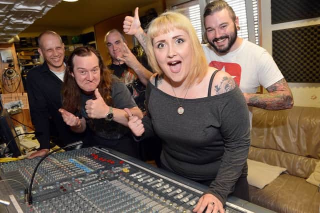 Derbyshire Times band of the year Sirenity at the Foundry recording studio. Martin Hirst, Carlo Hansen, Adam Buckle, Carl Henshall and Jen Jones.