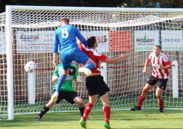 A headed chance for Jason Gregory during Teversals 3-2 defeat at Anstey Nomads on Saturday. (PHOTO BY; Keith Parnill)