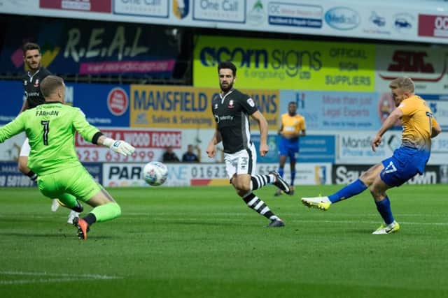 Mansfield vs Lincoln - Alfie Potter of Mansfield Town scores the opening goal - Pic By James Williamson