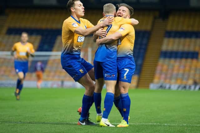 Mansfield vs Lincoln - Alfie Potter of Mansfield Town celebrates his goal - Pic By James Williamson