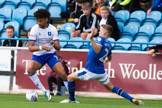 Carlisle United v Mansfield Town - Lee Angol of Mansfield Town battles with Tom Miller of Carlisle United - Pic By James Williamson