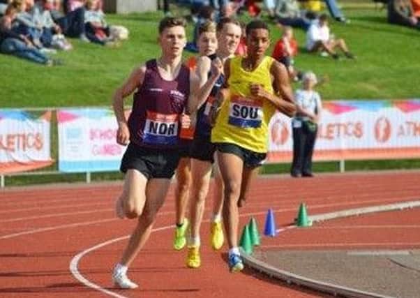 Mansfield Harrier Luke Duffy, in the unfamiliar purple vest of England North, on his way to a gold medal at the UK School Games.