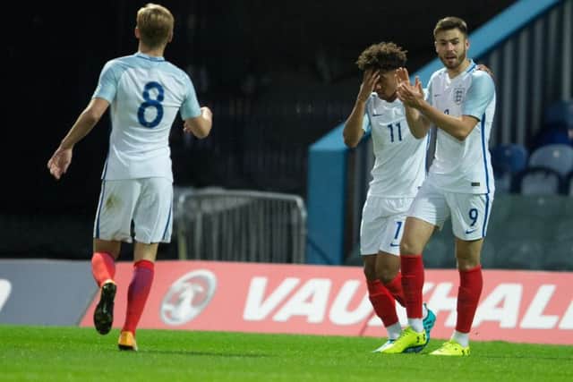 England Under 19s v Germany Under 19s - Reiss Nelson with Ben Brereton after scoring England's first  goal - Pic By James Williamson