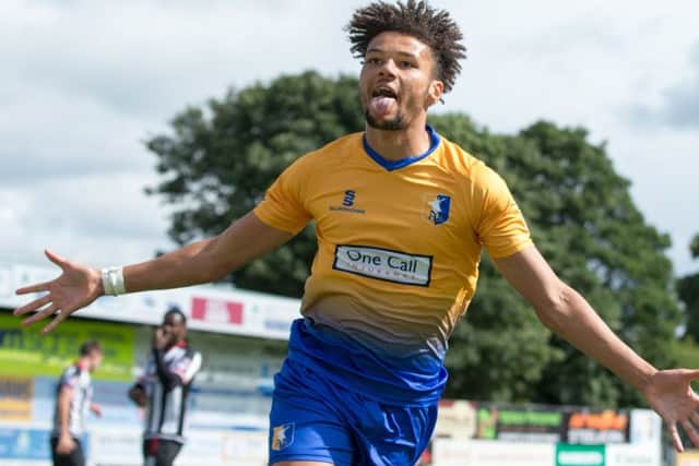 Mansfield Town v Grimsby Town - Lee Angol of Mansfield Town celebrates his goal - Pic By James Williamson
