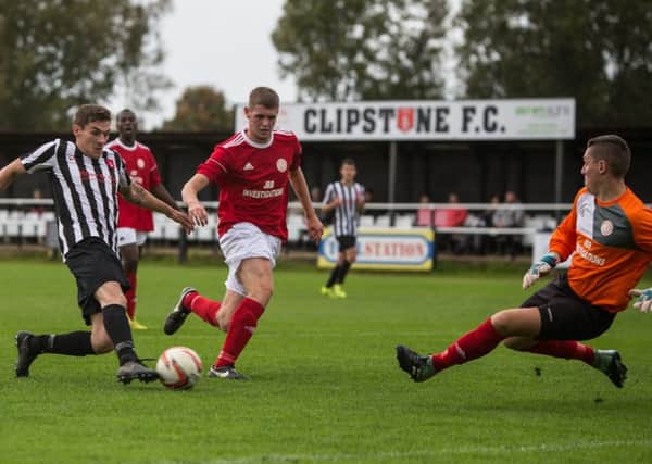A goalscoring chance for Clipstone during their 4-0 defeat at home to Parkgate on Saturday. (PHOTO BY: Andy Sumner)
