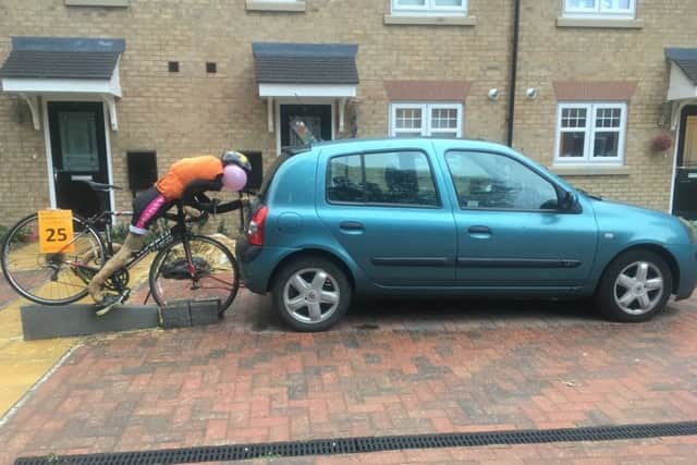 The effigy of US cyclist Brent Bookwelter made by Rebeca Mowbray of Retford.