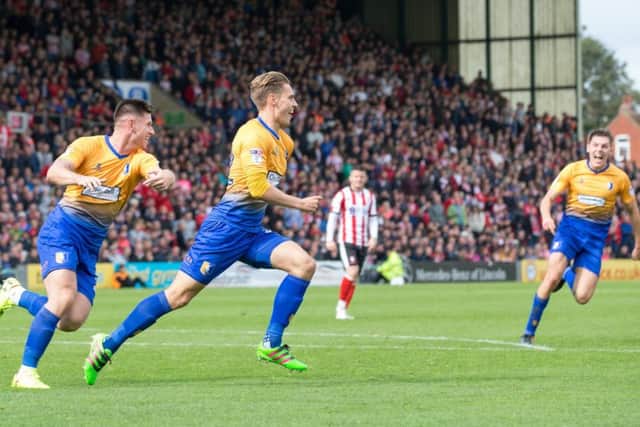 Lincoln City v Mansfield Town - Danny Rose of Mansfield Town celebrates scoring the opening goal - Pic By James Williamson