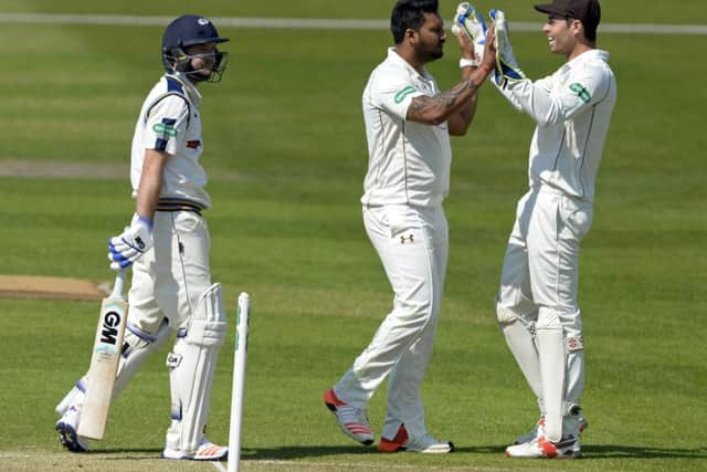 Experienced West Indies paceman Ravi Rampaul celebrates a wicket for Surrey last season. (PHOTO BY: Bruce Rollinson)