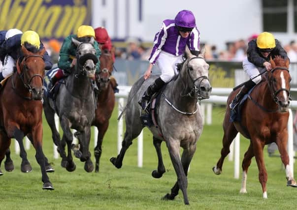 Capri, ridden by Ryan Moore, holds on to win the William Hill St Leger at Doncaster.