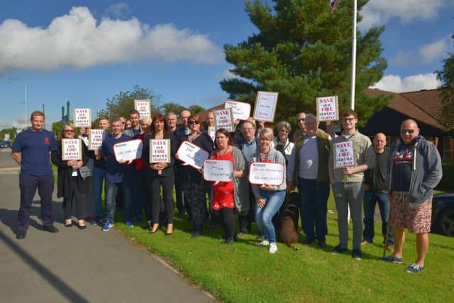 Gloria De Piero MP along with Fire Fighters and supporters demonstrating against proposed cuts to staffing levels in Ashfield