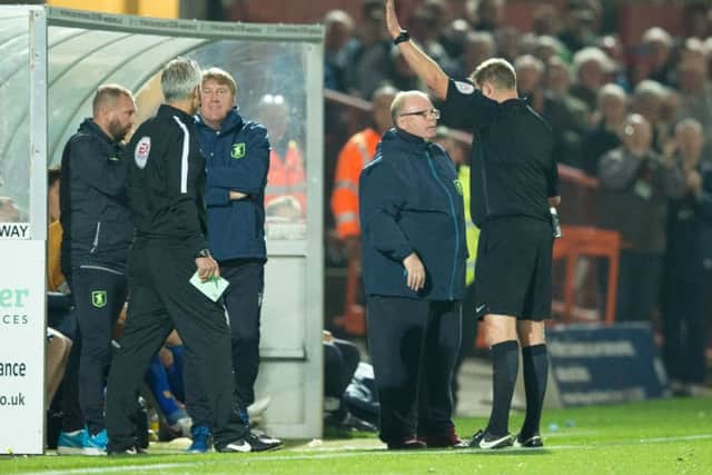 Cheltenham Town v Mansfield Town - Steve Evans is sent from the technical area by referee Brett Huxtable - Pic By James Williamson